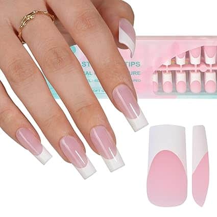 French Gel Nail Tips, 240Pcs French Tip Press on Nails Long Square Pink
