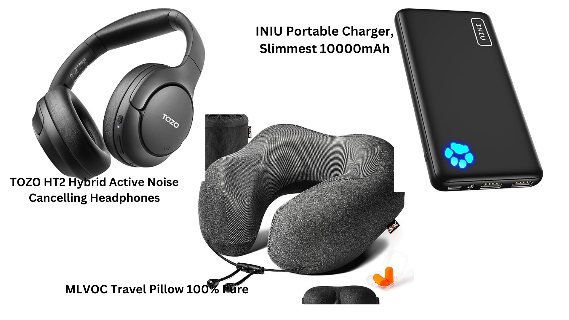top 3 carry-on must-haves for 2024: noise-canceling headphones, a memory foam travel pillow, and a slim power bank. Shop these travel essentials now and enjoy a stress-free flight